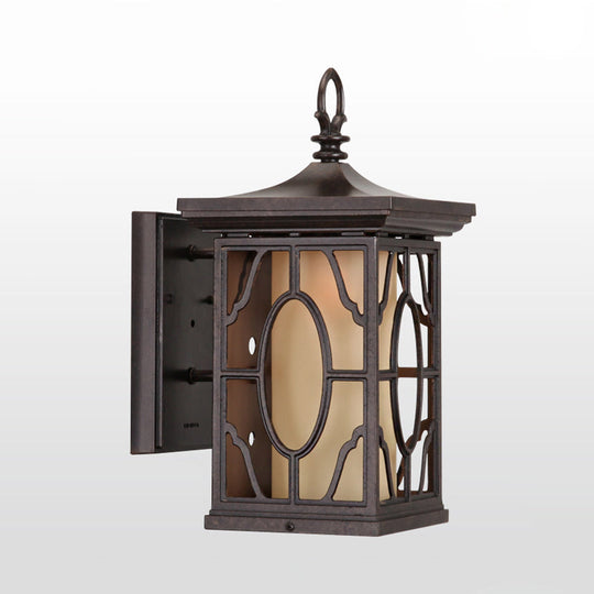 Metal Dark Coffee Wall Lantern With Frosted Glass Shade - Rural Sconce Light