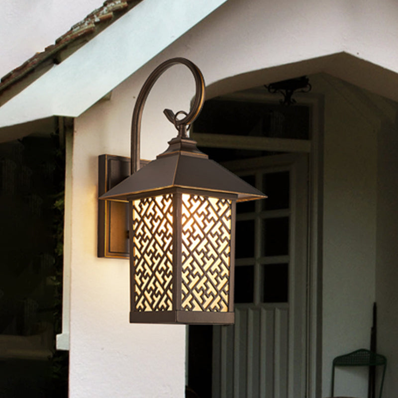 Curved Arm Sconce Light - Frosted Glass Wall Mount Outdoor Lighting With Rural Coffee Finish