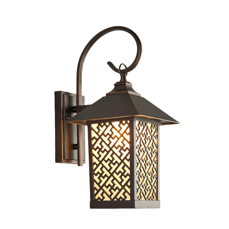 Curved Arm Sconce Light - Frosted Glass Wall Mount Outdoor Lighting With Rural Coffee Finish