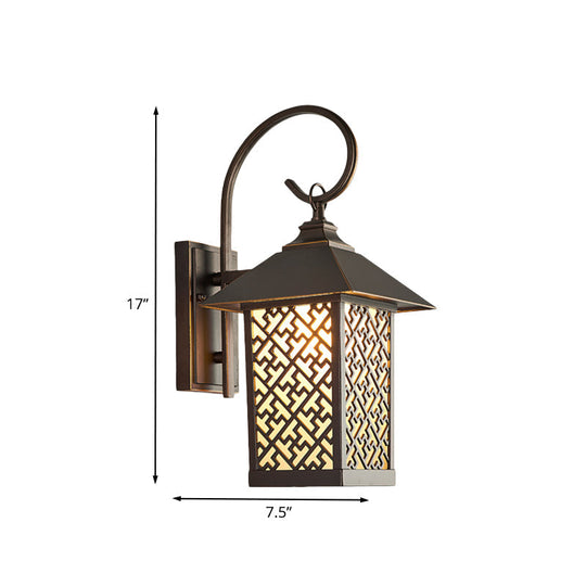 Curved Arm Sconce Light - Frosted Glass Wall Mount Outdoor Lighting With Rural Coffee Finish