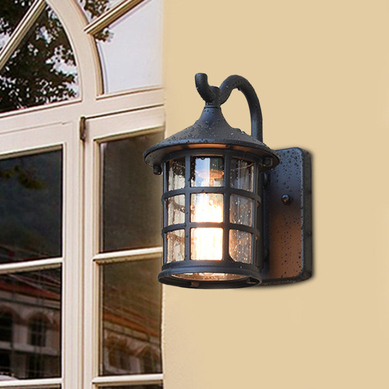 Seeded Glass Lantern Wall Lamp - Countryside Outdoor Light (Bronze/Black) Black