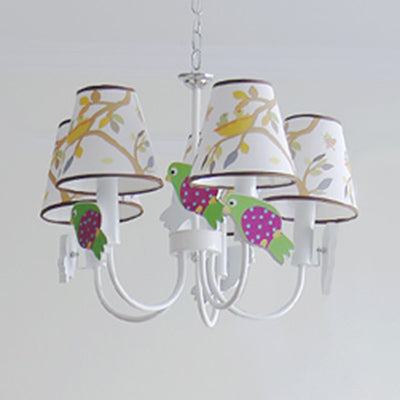 White Animal Tapered Shade Hanging Lamp With Bird Design - 5 Lights Fabric Chandelier For Living