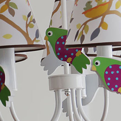 White Animal Tapered Shade Hanging Lamp With Bird Design - 5 Lights Fabric Chandelier For Living