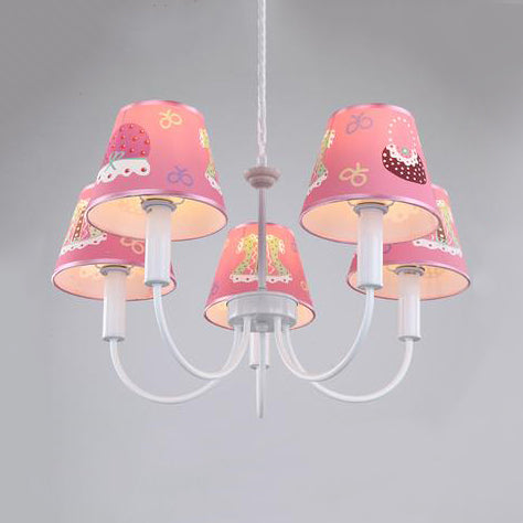 Cartoon Cat Hanging Chandelier - Kids Bedroom Lamp Fixture With 5 Fabric Lights Pink