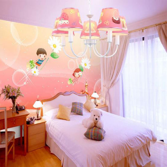 Cartoon Cat Hanging Chandelier - Kids Bedroom Lamp Fixture With 5 Fabric Lights