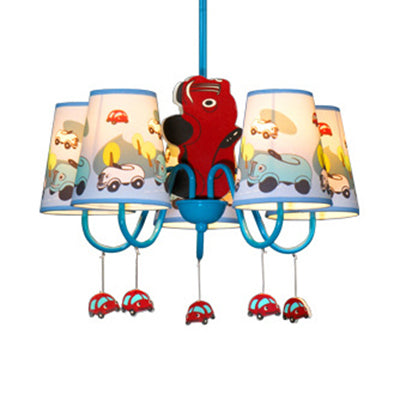 Kindergarten Blue Fabric Cartoon Chandelier Ceiling Lamp With Tapered Shade