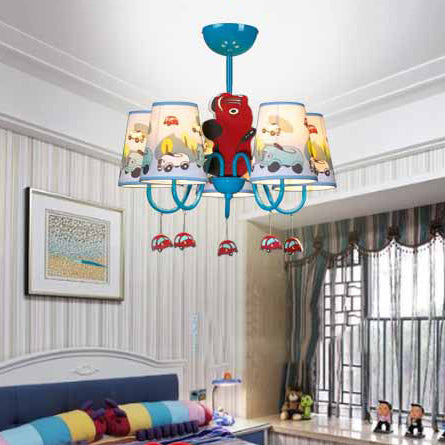 Kindergarten Blue Fabric Cartoon Chandelier Ceiling Lamp With Tapered Shade