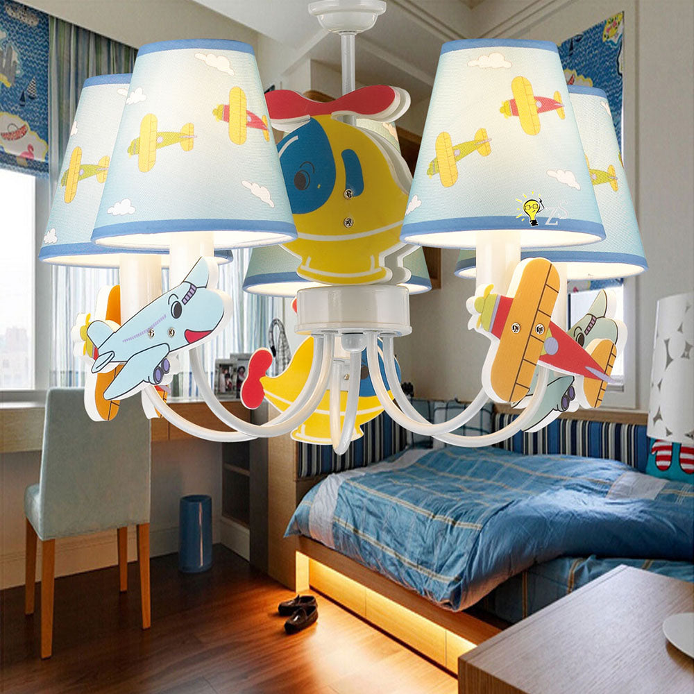 Kindergarten Blue Fabric Cartoon Chandelier Ceiling Lamp With Tapered Shade