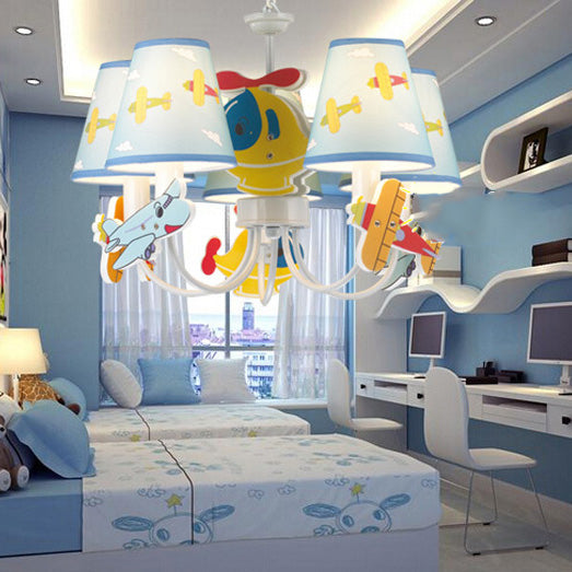 Kindergarten Blue Fabric Cartoon Chandelier Ceiling Lamp With Tapered Shade