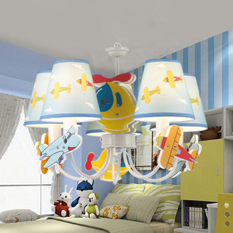 Kindergarten Blue Fabric Cartoon Chandelier Ceiling Lamp With Tapered Shade