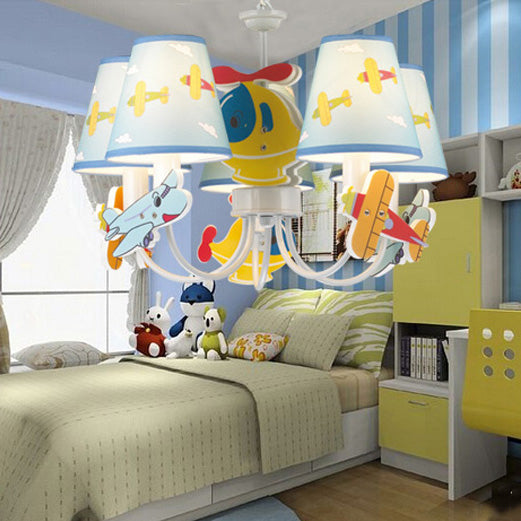 Kindergarten Blue Fabric Cartoon Chandelier Ceiling Lamp With Tapered Shade