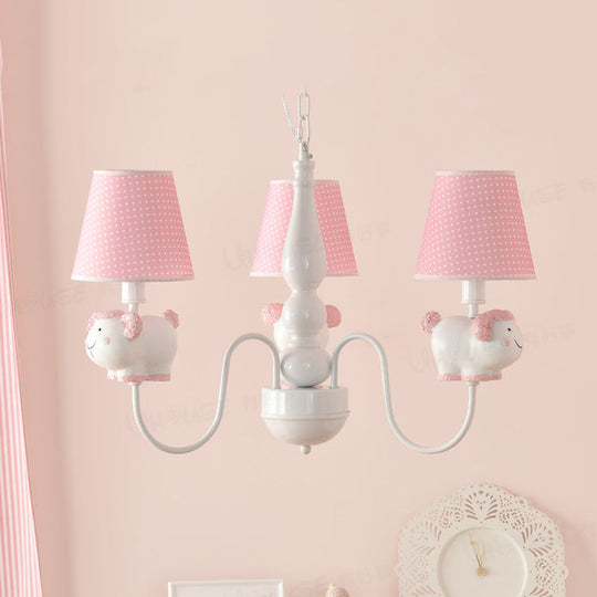 Cartoon Sheep Hanging Lamp: Kindergarten Fabric Pendant Light With 3 Lights Pink