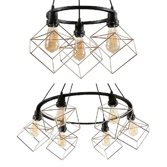 Squared Iron Industrial Restaurant Pendant Light Fixture - 3/6 Lights - Golden Suspended Lamp