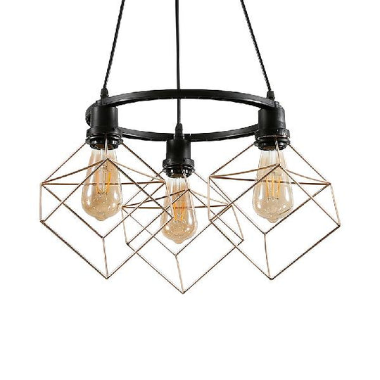 Squared Iron Industrial Restaurant Pendant Light Fixture - 3/6 Lights - Golden Suspended Lamp