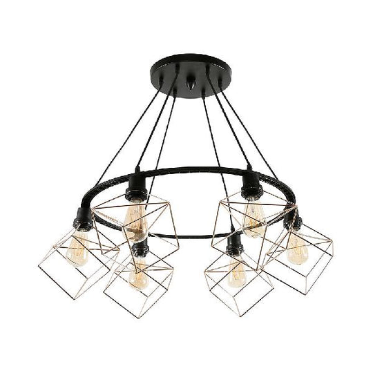 Squared Iron Industrial Restaurant Pendant Light Fixture - 3/6 Lights - Golden Suspended Lamp