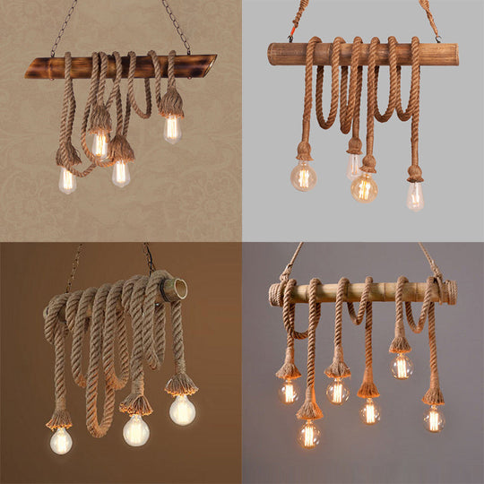 Adjustable Rope Island Light With Bulb In Beige - 3/4/6-Light Bamboo Pendant