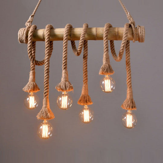 Adjustable Rope Island Light With Bulb In Beige - 3/4/6-Light Bamboo Pendant