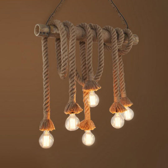 Adjustable Rope Island Light With Bulb In Beige - 3/4/6-Light Bamboo Pendant