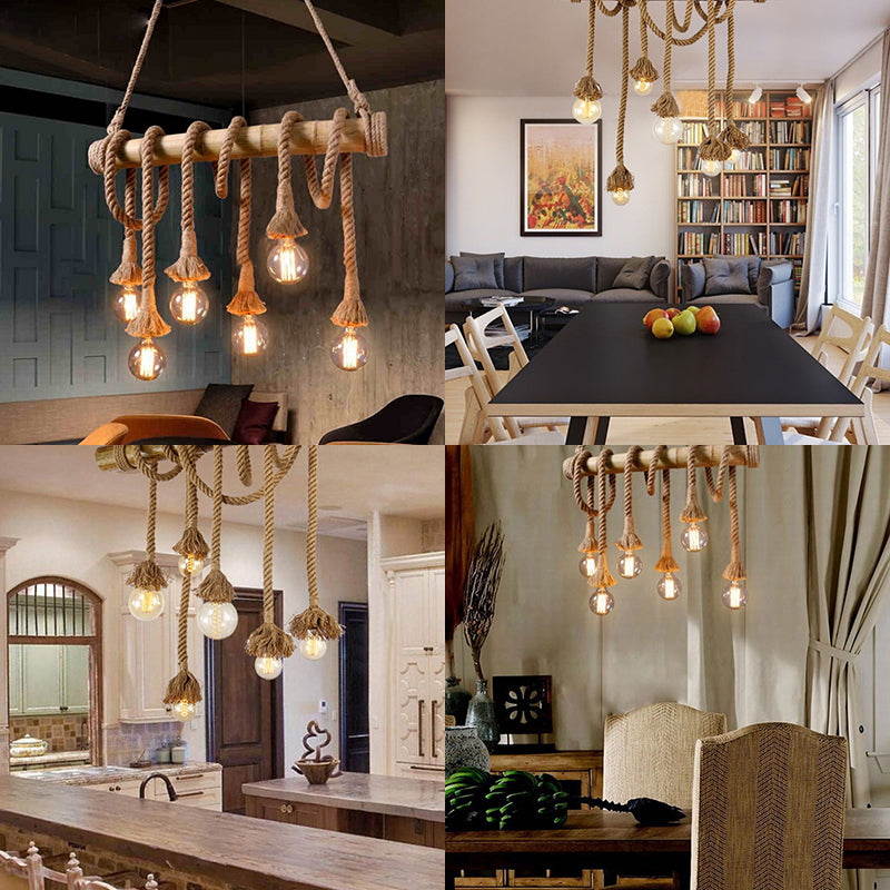 Adjustable Rope Island Light With Bulb In Beige - 3/4/6-Light Bamboo Pendant