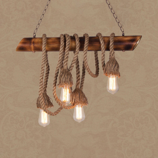 Adjustable Rope Island Light With Bulb In Beige - 3/4/6-Light Bamboo Pendant