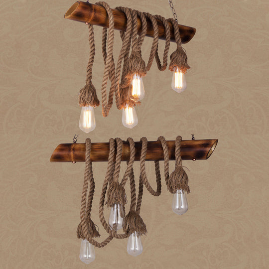 Adjustable Rope Island Light With Bulb In Beige - 3/4/6-Light Bamboo Pendant