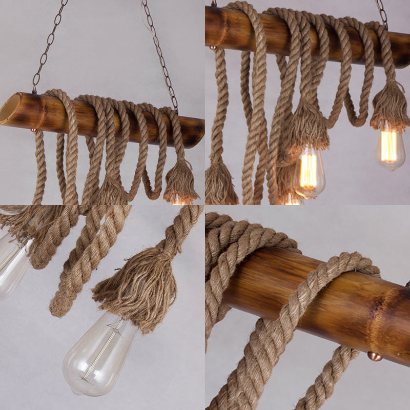 Adjustable Rope Island Light With Bulb In Beige - 3/4/6-Light Bamboo Pendant