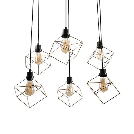 Wire Frame Vintage Style Metal Geometric Suspension Light - 4/6 Lights - Dining Room Hanging Lamp (Black/Gold)