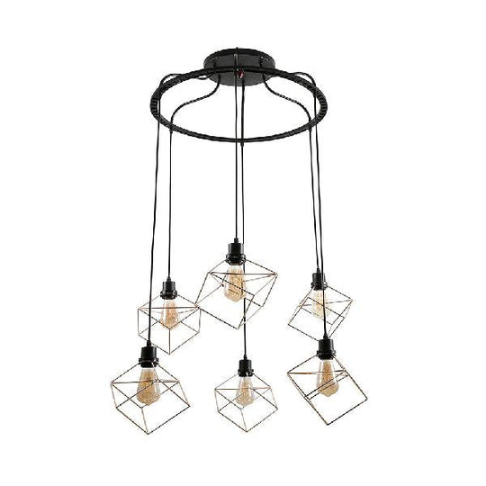 Wire Frame Vintage Style Metal Geometric Suspension Light - 4/6 Lights - Dining Room Hanging Lamp (Black/Gold)