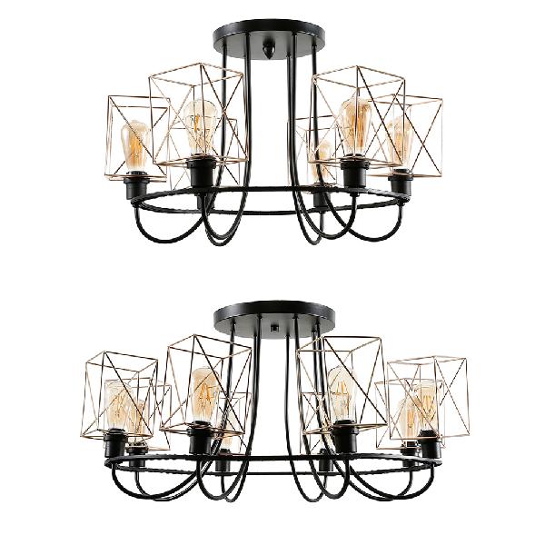 Vintage Gold Metal Wire Cage Chandelier - 6/8 Bulbs, Semi Flush, Square Shade - Ideal for Living Room