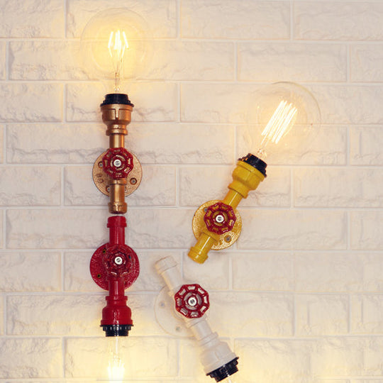 Metallic Pipe Sconce Lamp: Industrial 1 Bulb Farmhouse Wall Light With Red Valve In White/Red