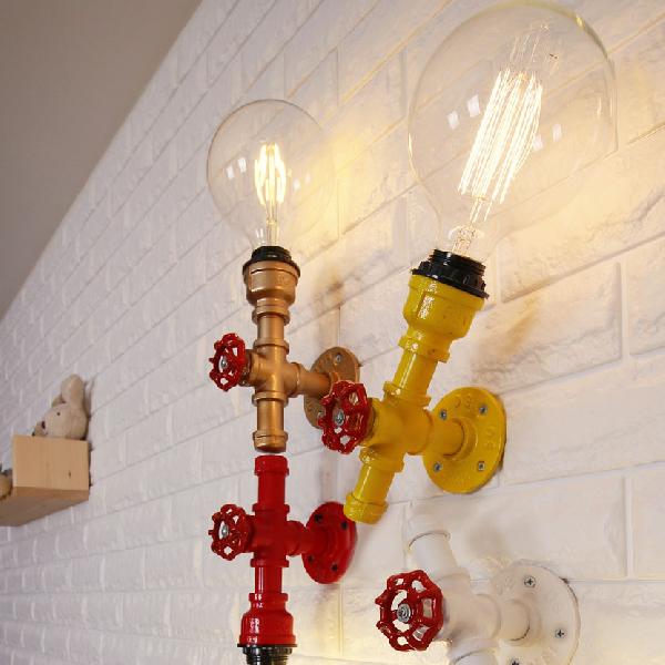 Metallic Pipe Sconce Lamp: Industrial 1 Bulb Farmhouse Wall Light With Red Valve In White/Red