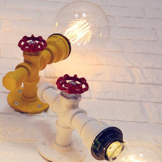 Metallic Pipe Sconce Lamp: Industrial 1 Bulb Farmhouse Wall Light With Red Valve In White/Red