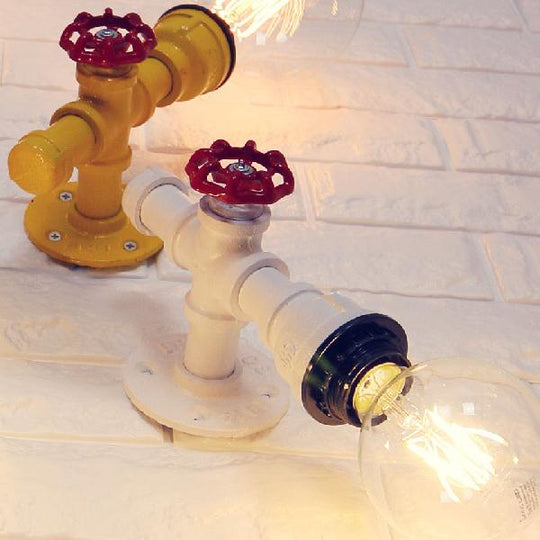 Metallic Pipe Sconce Lamp: Industrial 1 Bulb Farmhouse Wall Light With Red Valve In White/Red