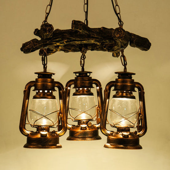 Coastal 3-Light Kerosene Clear Glass Chandelier In Bronze/Copper - Dining Room Pendant Lighting