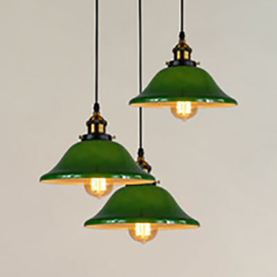 Flared Green Glass Pendant Lighting - 3 Lights Industrial Style, Brass Finish