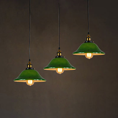 Industrial Brass Pendant Lighting With 3 Flared Green Glass Shades / Linear