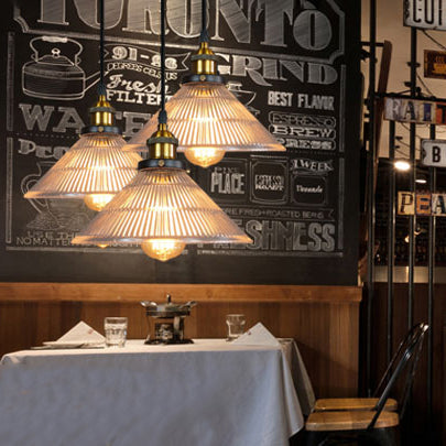 Industrial Brass Cone Pendant Light with Ribbed Glass - Perfect for Dining Rooms - 3 Lights and Round/Linear Canopy Included