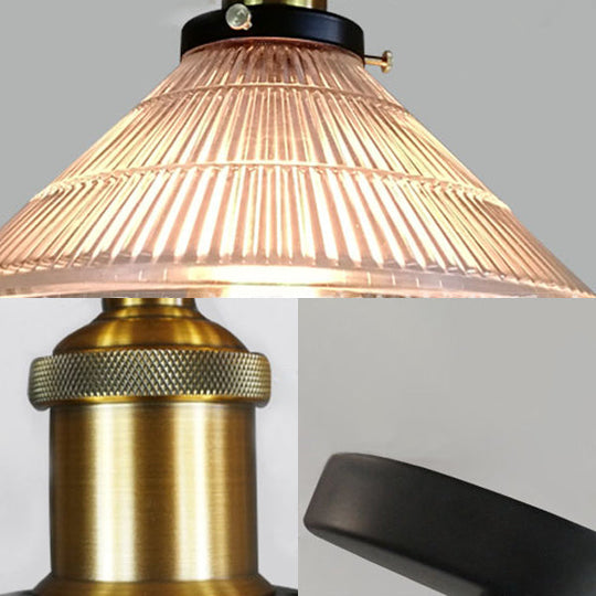 Industrial Brass Cone Pendant Light with Ribbed Glass - Perfect for Dining Rooms - 3 Lights and Round/Linear Canopy Included