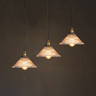 Industrial Brass Cone Pendant Light with Ribbed Glass - Perfect for Dining Rooms - 3 Lights and Round/Linear Canopy Included