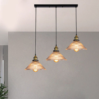 Industrial Brass Cone Pendant Light with Ribbed Glass - Perfect for Dining Rooms - 3 Lights and Round/Linear Canopy Included