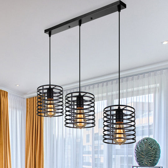 Industrial 3-Bulb Cage Shade Hanging Lamp In Black For Dining Rooms / Linear