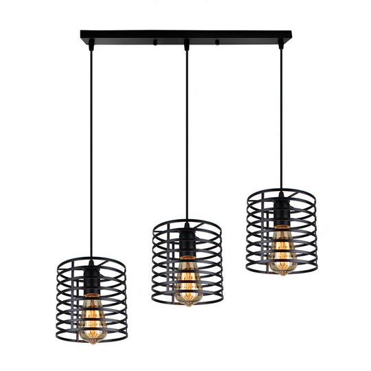 Cage Shade Industrial Hanging Light with 3 Bulbs - Cylindrical Metallic Lamp for Dining Room in Black