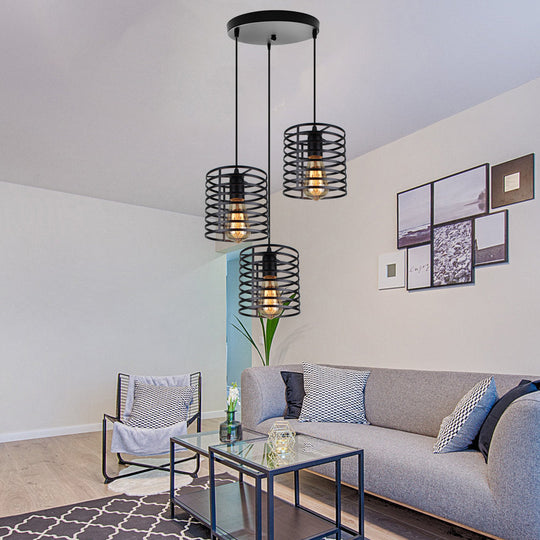 Cage Shade Industrial Hanging Light with 3 Bulbs - Cylindrical Metallic Lamp for Dining Room in Black