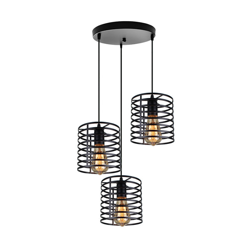 Cage Shade Industrial Hanging Light with 3 Bulbs - Cylindrical Metallic Lamp for Dining Room in Black