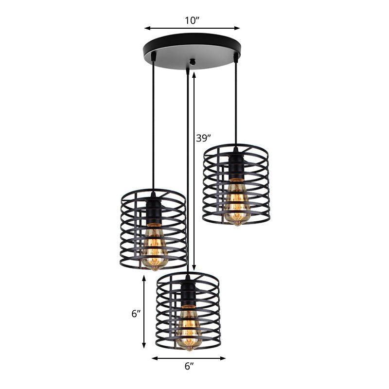 Cage Shade Industrial Hanging Light with 3 Bulbs - Cylindrical Metallic Lamp for Dining Room in Black