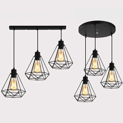 Metallic Wire Frame Hanging Lamp - Retro Style 3 Heads Black Indoor Ceiling Light With Diamond Shade