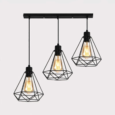 Metallic Wire Frame Hanging Lamp - Retro Style 3 Heads Black Indoor Ceiling Light With Diamond Shade