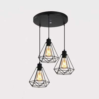 Metallic Wire Frame Hanging Lamp - Retro Style 3 Heads Black Indoor Ceiling Light With Diamond Shade