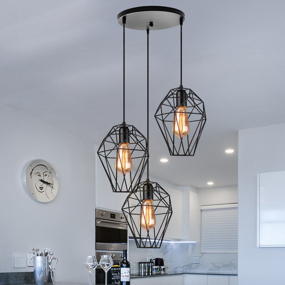 Vintage Geometric Pendant Lamp With Metallic Black Cage Shade And 3-Bulb Suspension For Ceiling