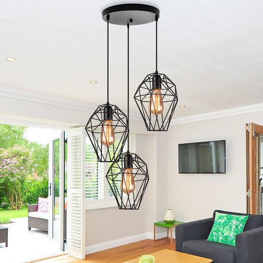 Geometric Vintage Ceiling Pendant Lamp - Metallic Black, Suspended Light with 3 Bulbs, Cage Shade, Round/Linear Canopy